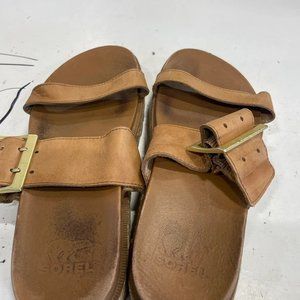 Sorel women's brown leather roaming buckle slide jute flat sandal size 7